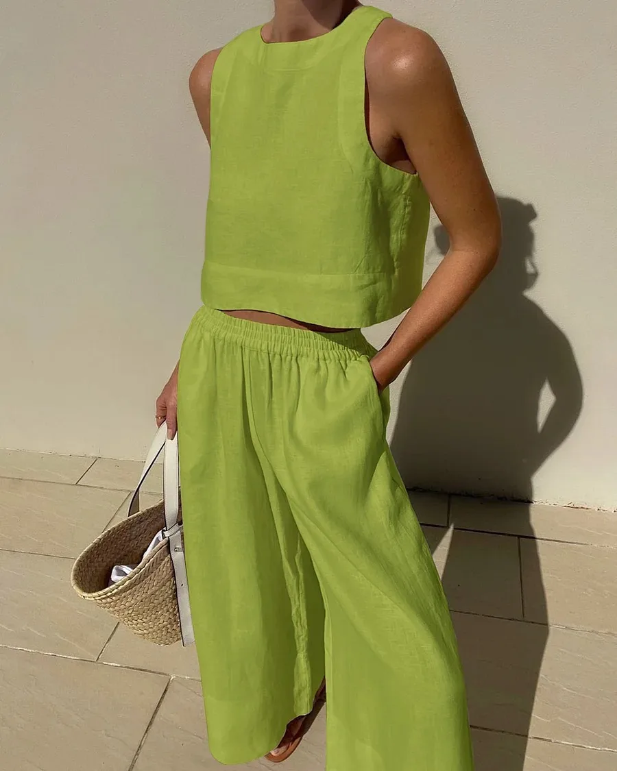 Summer Loose Cotton Linen Set Women Summer O Neck Sleeveless Tank Top +Wide Leg Pants Two Piece Sets Casual Harajuku Style Suit