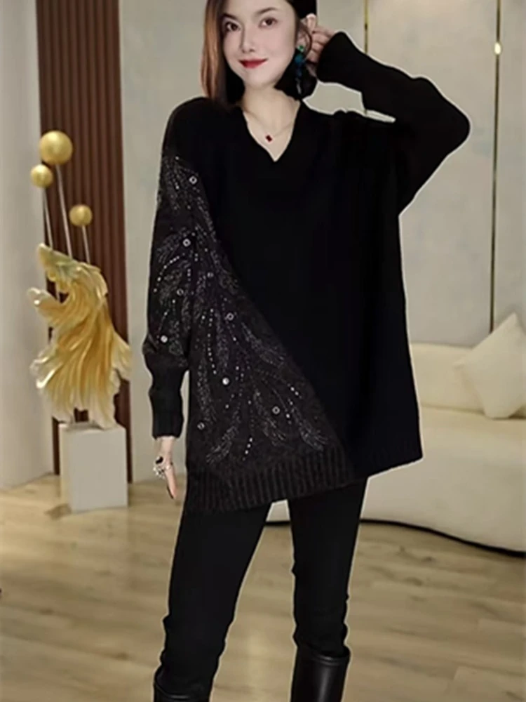 

V-neck sweater for women in autumn and winter slimming lazy style base sweater knitted thick wool mid to long pullover