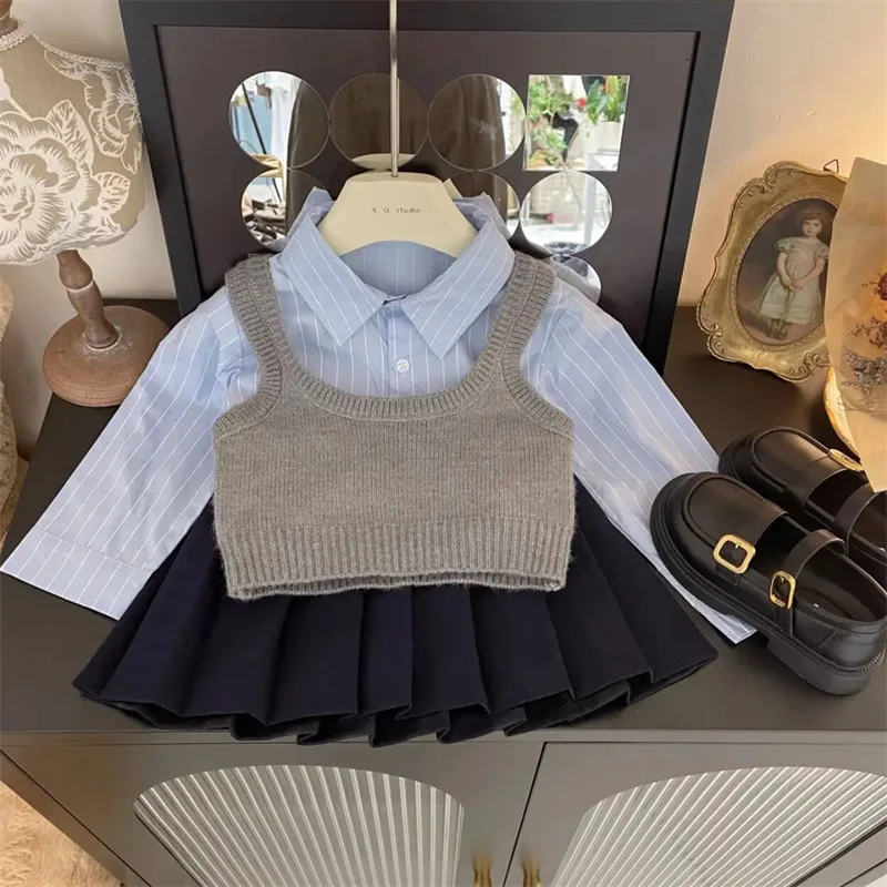 Girls Sweet Suits Spring Autumn Outfit Baby Infant Kids Children College Pleated Skirt+Sweater Vest+Shirt 3Pcs Sets