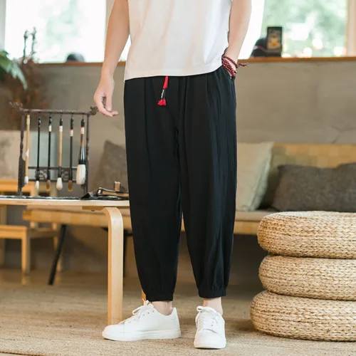 Imagen 2 del producto Pantalones Harem de algodón y lino para hombre, pantalones de playa informales holgados de talla grande, pantalones de pierna ancha de estilo chino, pantalones para correr de verano para hombre