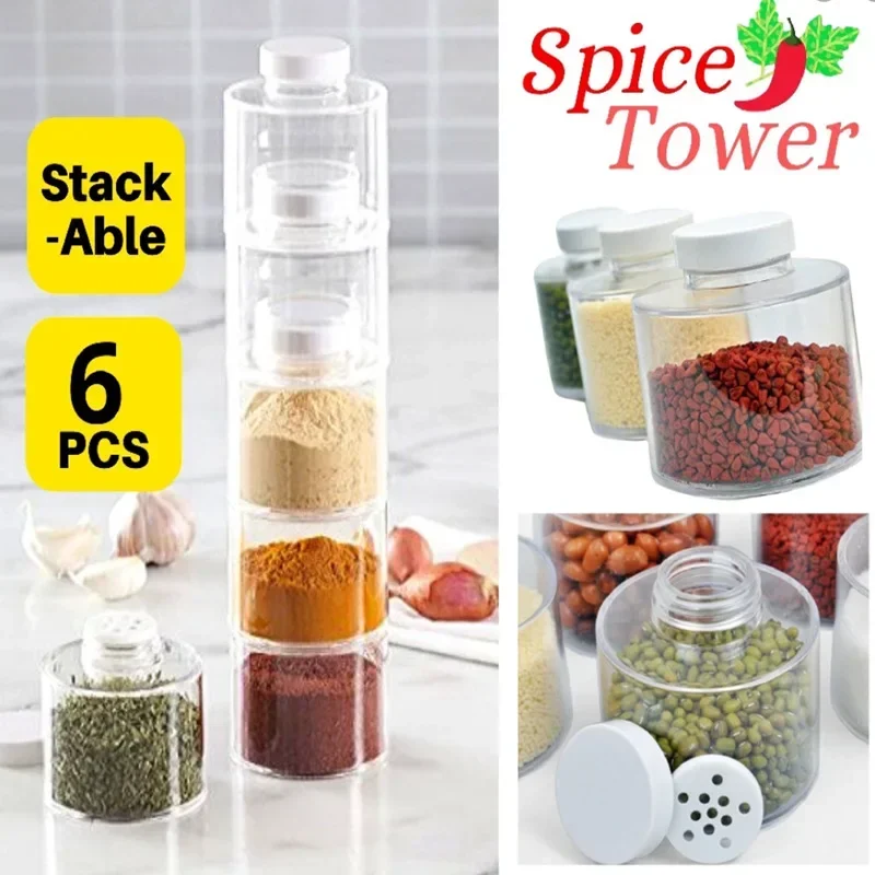 

6PCS Transparent stackable seasoning bottle, spot spice storage box, tower shaped seasoning rack, tower shaped seasoning tank