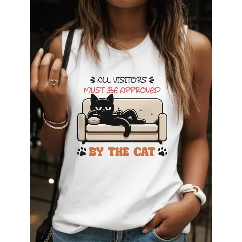 

Women's Funny Cat Lover T-Shirt - "All Visitors Must Be Approved By The Cat" Graphic Tee - Soft Everyday Casual Shirt - Relaxed