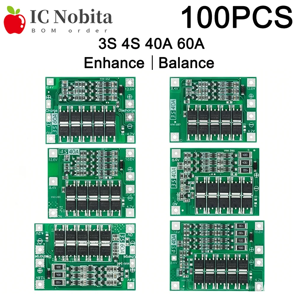 100PCS 3S 4S 40A 60A BMS Protection Board 18650 Li-ion Battery Charger Module for 11.1V 12.6V 14.8V 16.8V Drill Motor