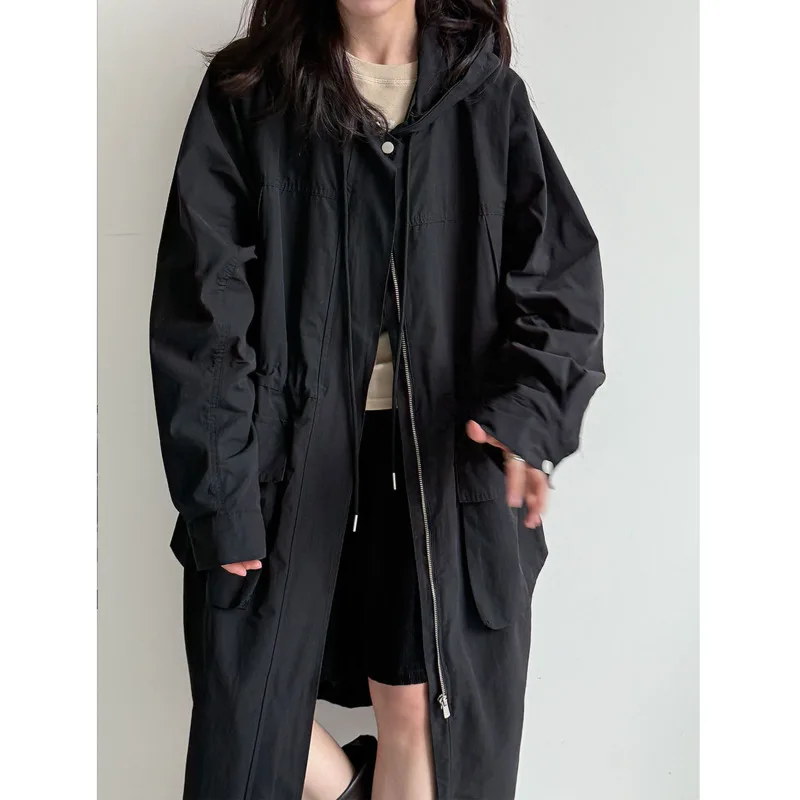 EAEOVNI 가을 후드 롱 트렌치 코트 여성 패션 지퍼 드로우 스트링 디자인 포켓 루즈 솔리드 컬러 윈드 브레이커 의류