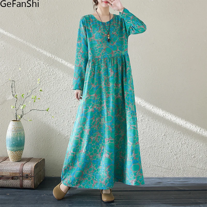 

2024 New Spring Summer Long Sleeve Print Beach Dresses Women Korean Fashion Loose Casual Long Dress Robe Elegant Maxi Clothing