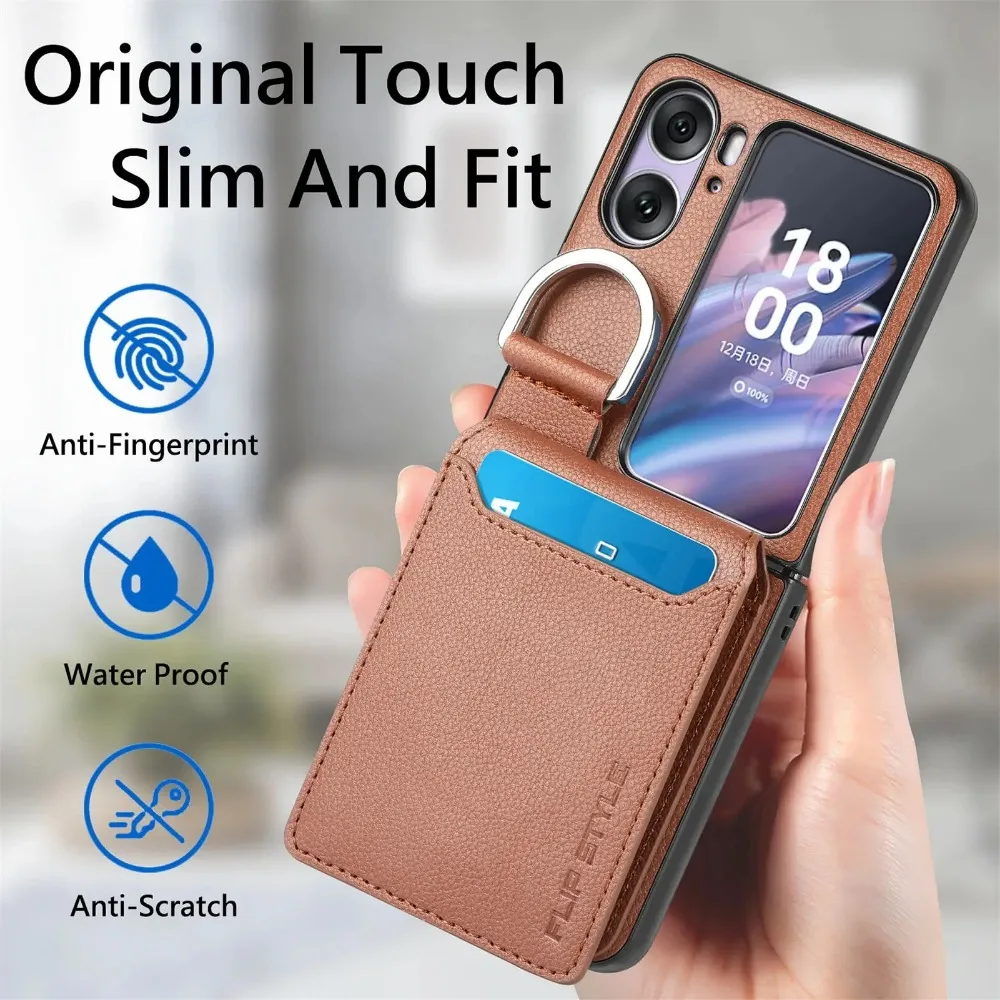 Magnetic Ring Holder Wallet Cards Solt Phone Case For OPPO Find N3 N2 Flip 5G Kickstand Vertical Litchi Pattern PU Leather Cover