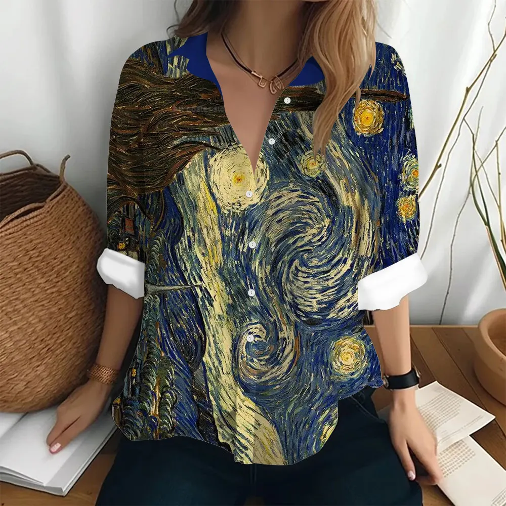 Women\'s Fashion Long Sleeved Shirt Van Gogh Oil Painting Printed Pattern T-shirt Loose Button Top Clothing Party Trend Shirt