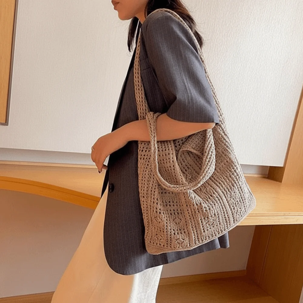 Fashion Solid Color Knitting Shoulder Bag Woven Hollow Crochet Mesh Bag Large Capacity Bohemian Style Shopping Handbag Girls