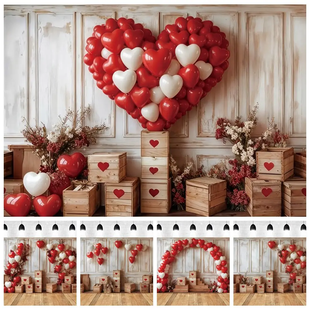 Valentine's Day Photography Background Love Heart Balloons Wooden Boxes Interior Couple Portrait Photo Backdrop Photo Studio