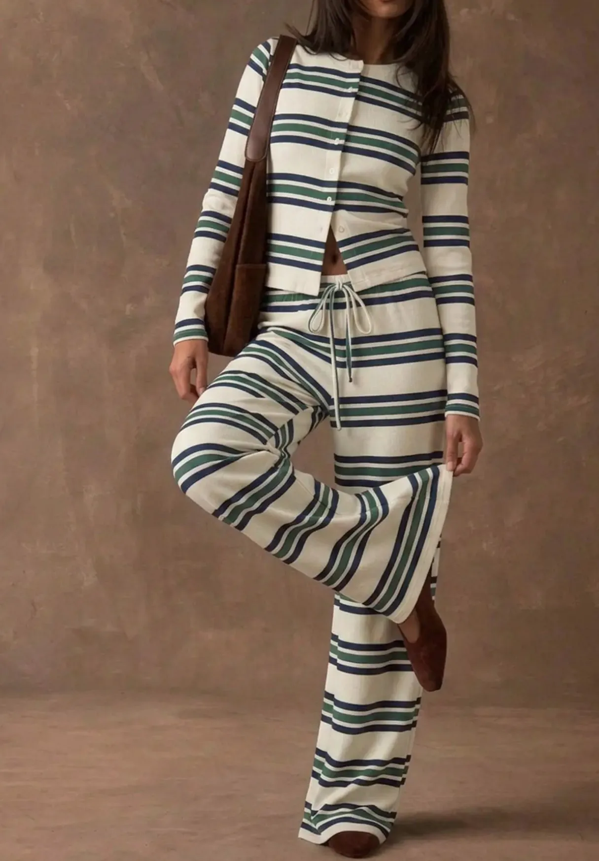 European And American Retro Striped Sleepwear Women's Single Button Short Sleeve Long Pants Wide Leg Home Clothes Two-Piece Set