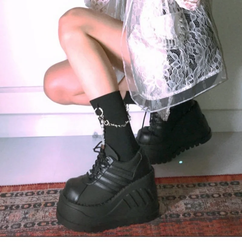 

Женские кожаные туфли на массивном высоком каблуке в стиле панк, готические туфли на толстой подошве с широким носком в стиле Лолита