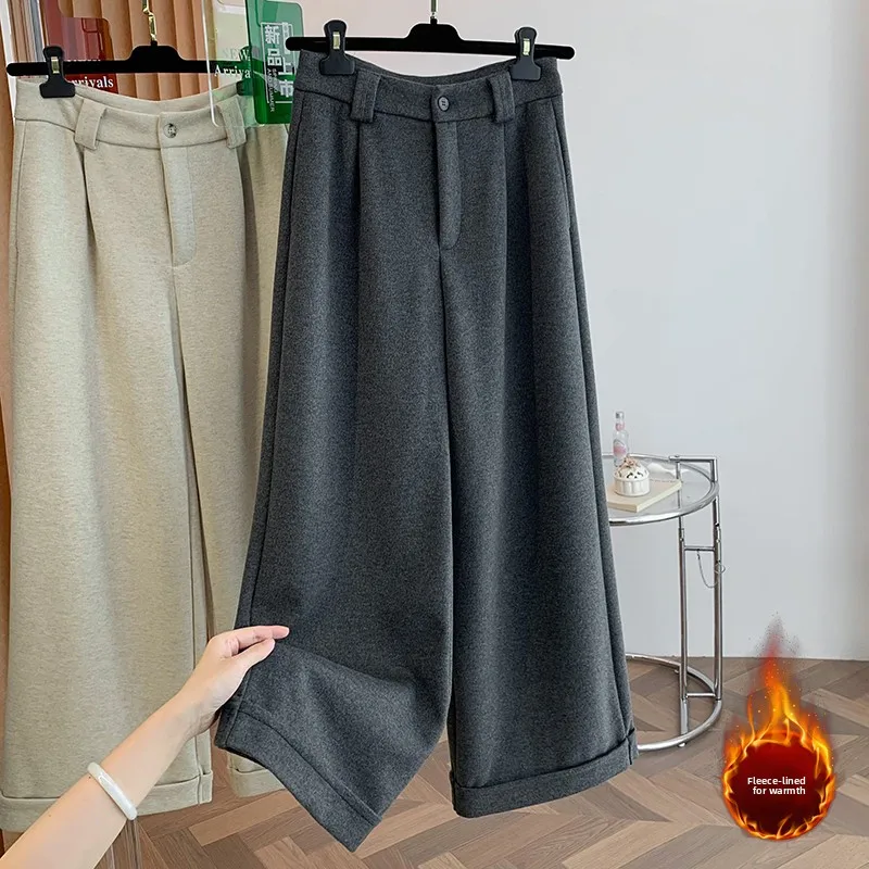 Pantaloni a gamba larga da donna nuovi invernali Pantaloni casual larghi foderati in lana Fce Pantaloni lunghi dritti Faion con risvolto