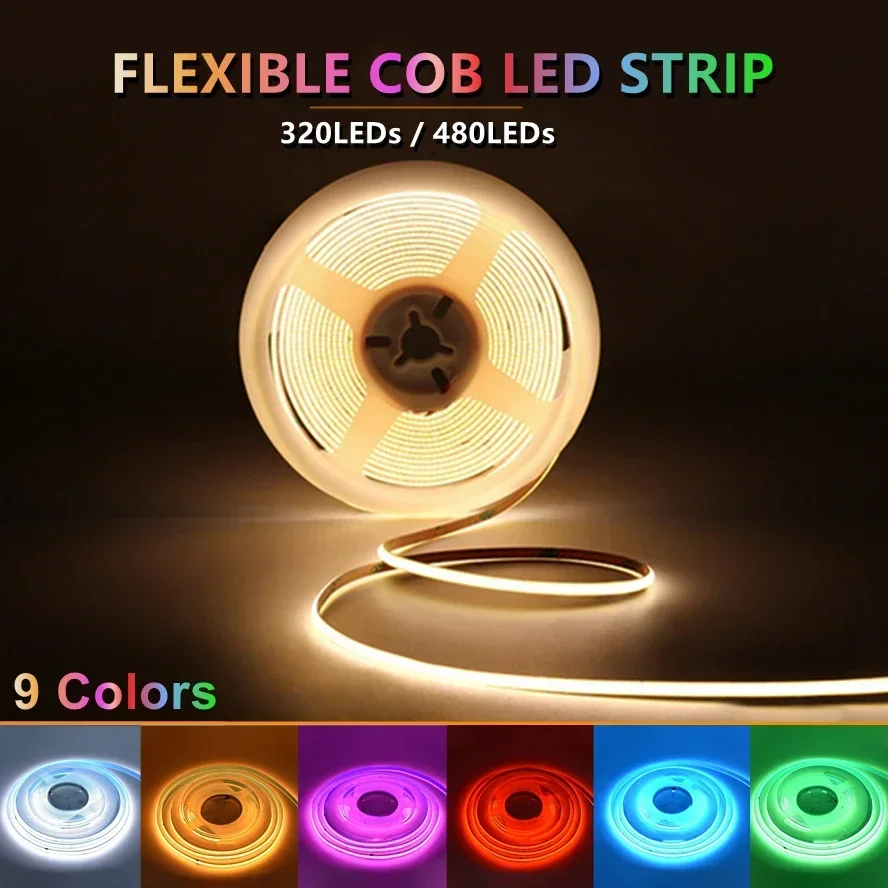 

Colorful 5m 12V 24V COB LED Strip Light 320 480 LEDs/m 8mm High Density Flexible RA90/RA95 Light Strip for TV Wall Decoration
