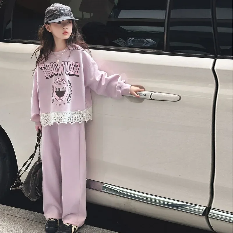 Top & Pants 2-Piece Set Lace Sweatshirt Korean Children's Clothing 2025 Girls Winter Girl Boutique Sets Girls' Outfits 10 Years