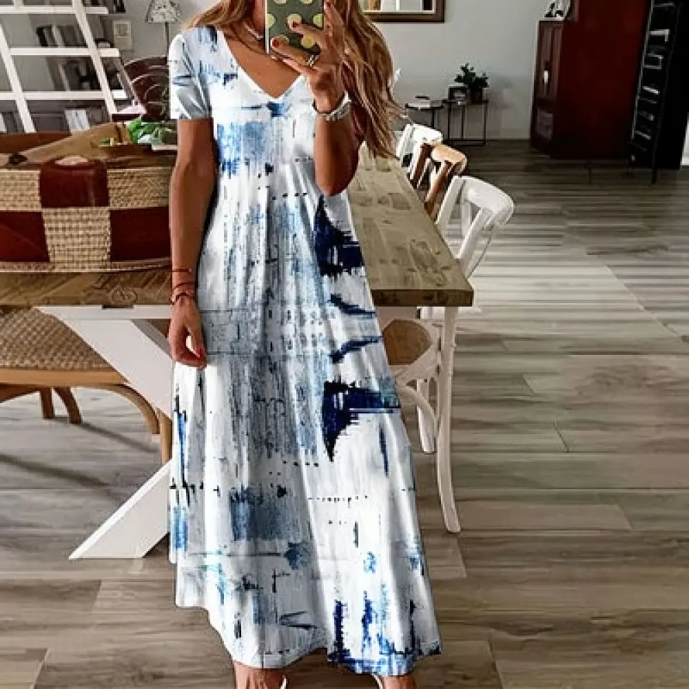 Women Plus Size Maxi Dress Floral Print Casual V Neck Short Sleeve Loose Summer Bohemian Beach Apparel Elegant