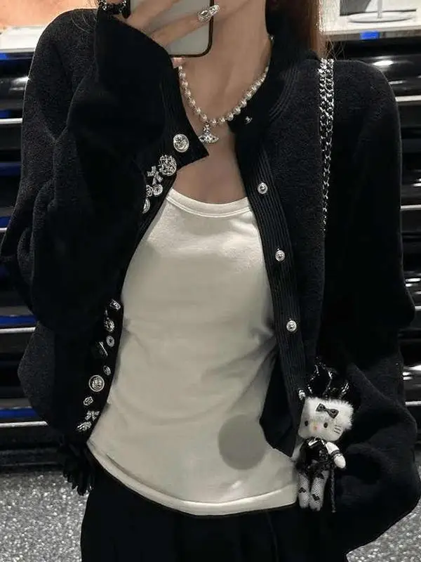 Black Knitted Short Cardigan Coat Spring New Style Luxury Sensation Fragrant Style Women's Top Short Length Fashionable Outer...
