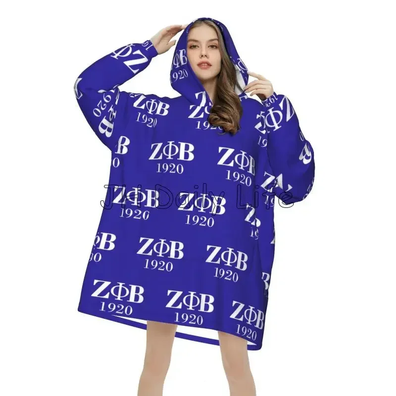 Zeta Phi Beta Wearable Blanket Hoodie for Women Sherpa Oversized Pullover Sweatshirt Warm Flannel Fleece Blankets with Pockets