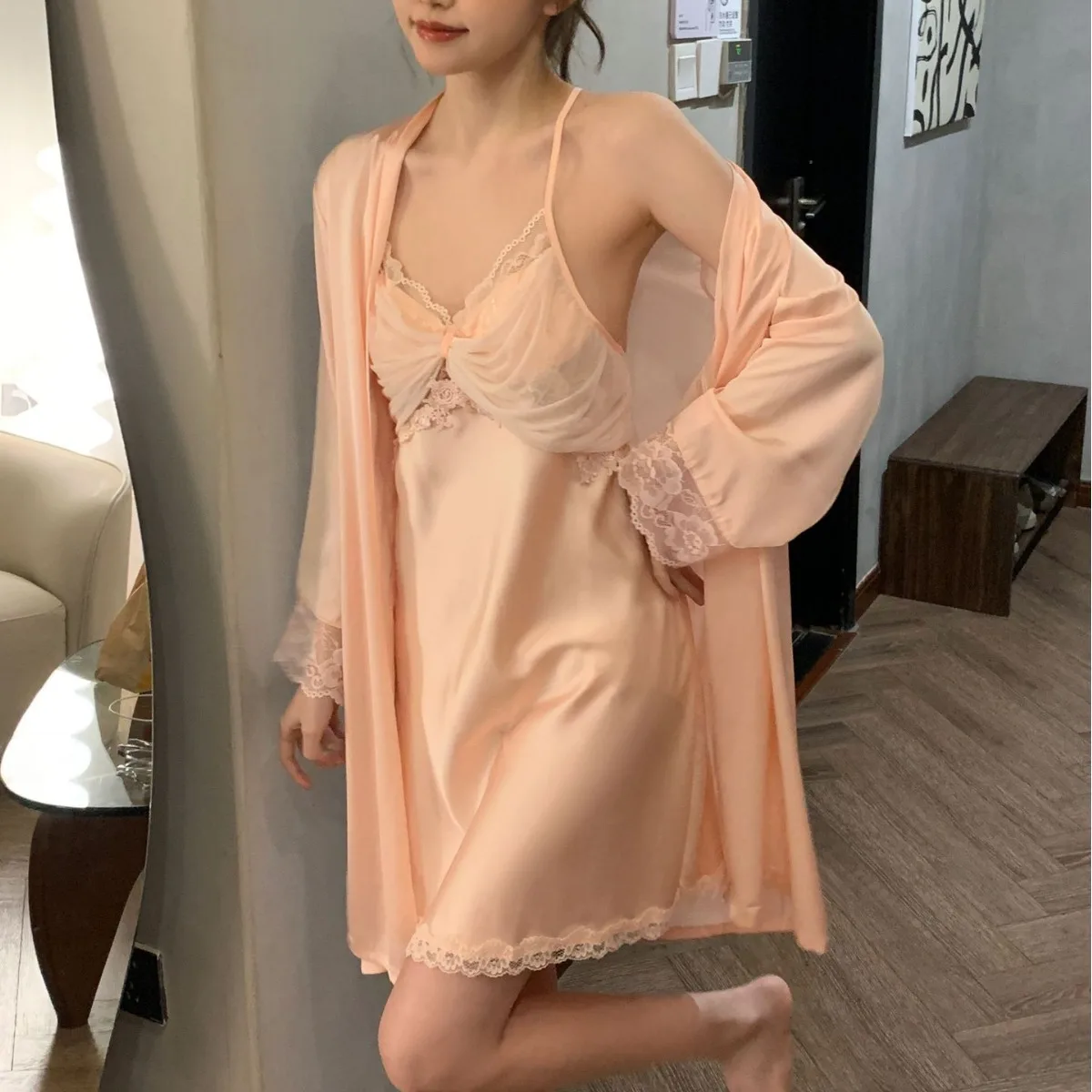 Twinset Lace Hollow Out Robe Suit Women Satin Nightgown Sleepwear Loungewear Lady Kimono Nightdress Summer Bathrobe Gown Set