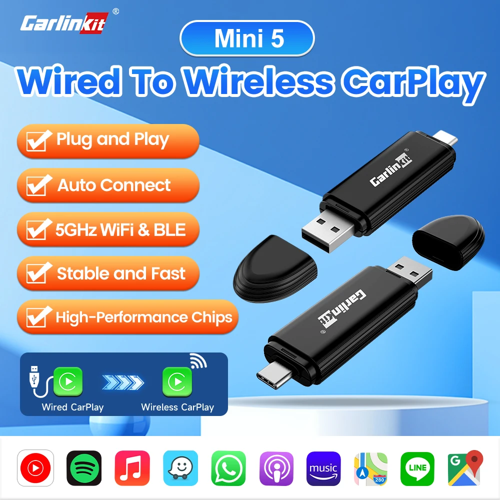 CarlinKit MINI 5 Wireless CarPlay Adapter for iPhone Convert Wired to Wireless CarPlay Plug &Play Easy Setup Stable Fast Connect