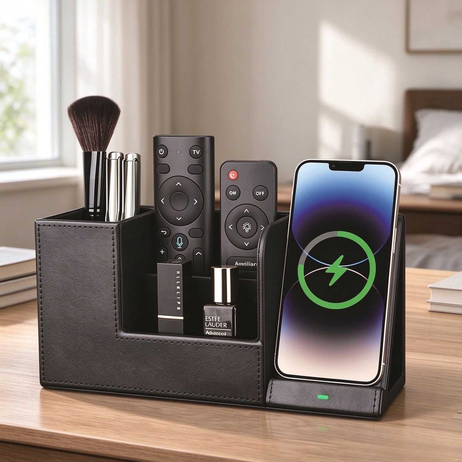 3 in 1 Wireless Charging Pen Holder with Phone Stand, USB C Port, Smart Chip, Foreign Object Detection, Desktop Organizer
