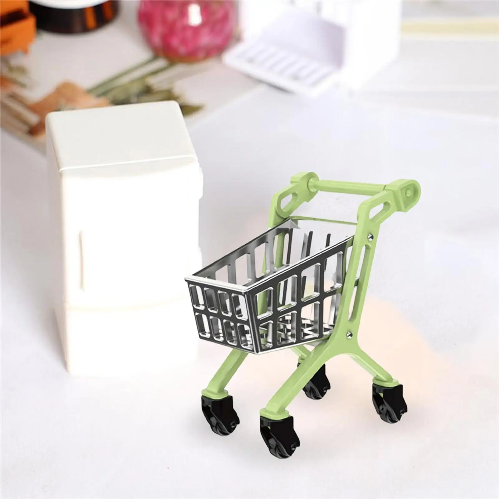 Carrito de compras en miniatura para casa de muñecas, juguete de almacenamiento para regalos de cumpleaños para niños, escala 1:12