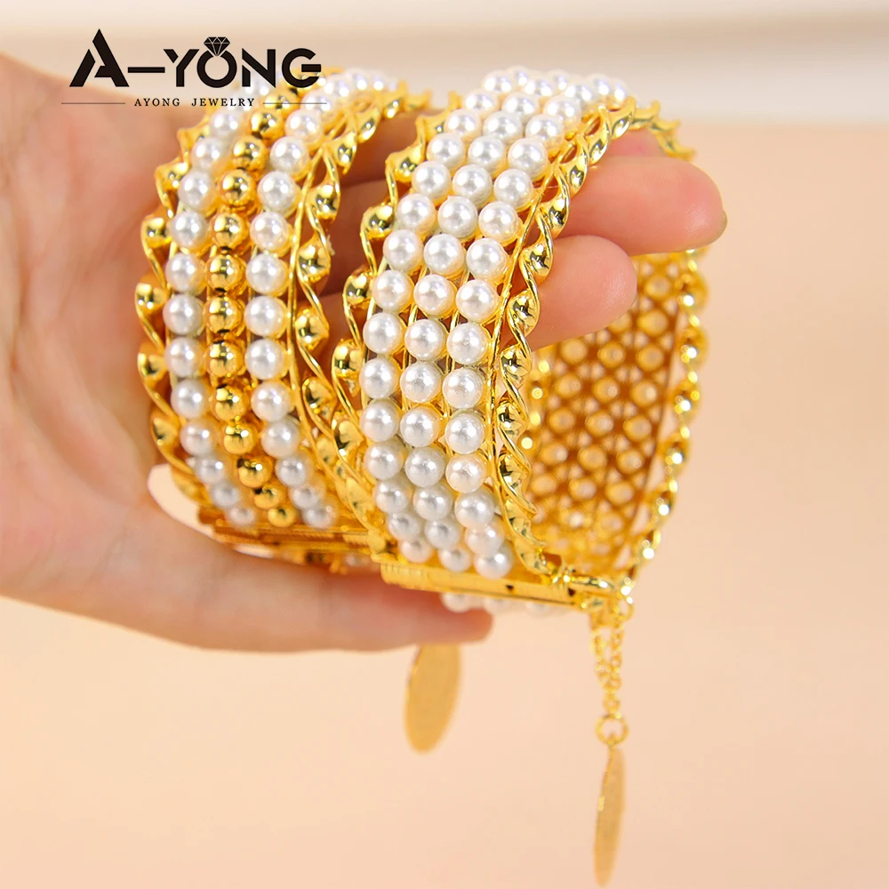 

AYONG Elegant Pearls Cuff Bangles 21k Gold Plated Luxury Multi Layer Women Bracelet Turkish Middle East Ladies Wedding Jewelry