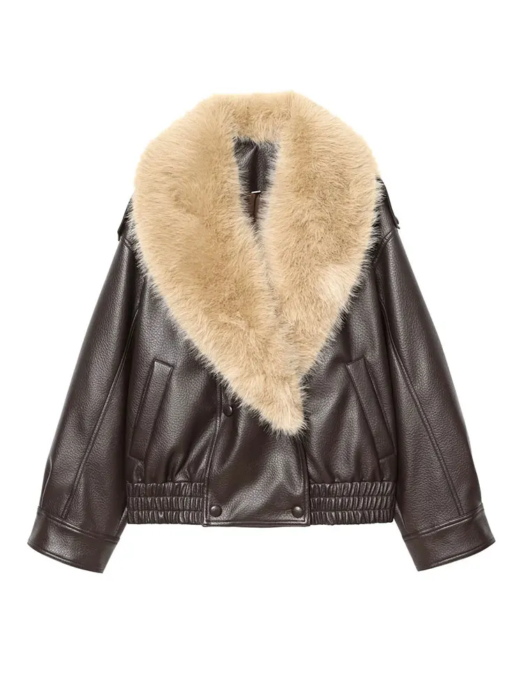 Nlzgmsj 2025 automne hiver décontracté Chic marron col de fourrure vestes en cuir femmes à manches longues poches manteaux mode vêtements d'extérieur
