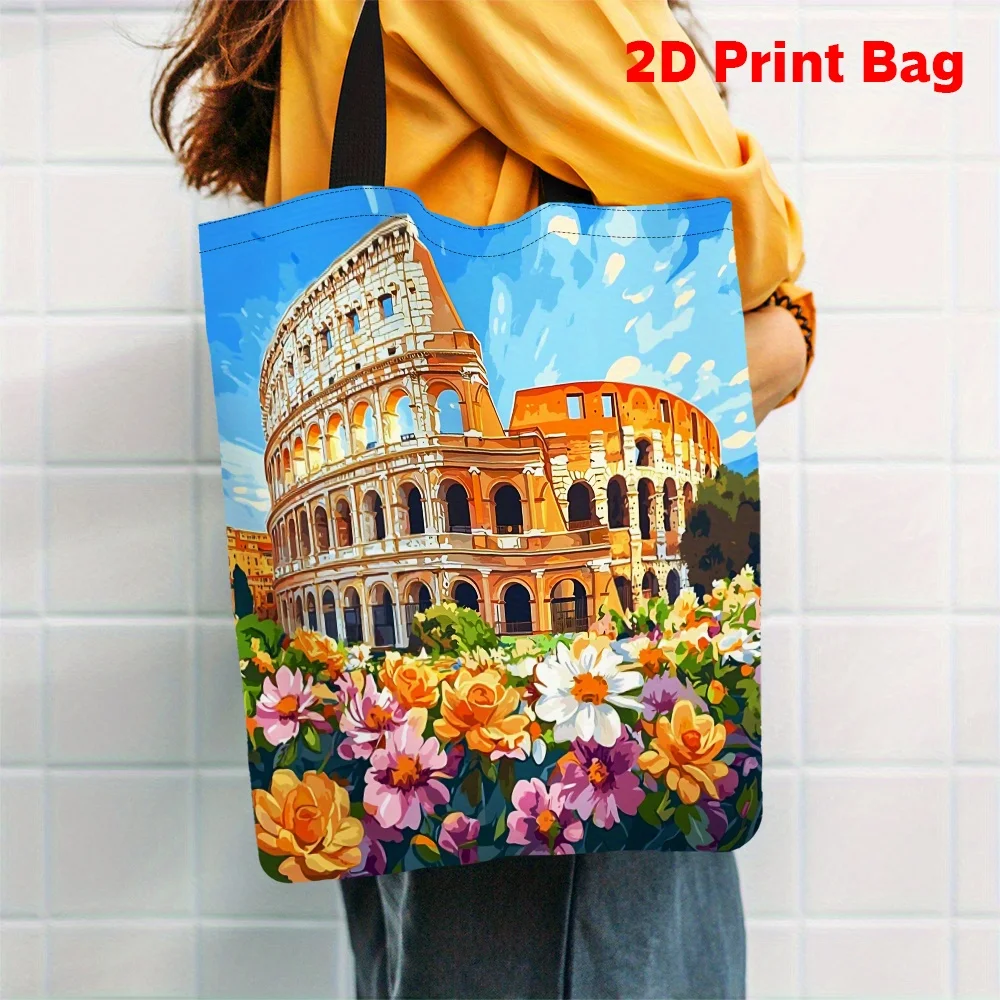 1pc Printed Tote Bag Featuring The Colosseum in Rome Surrounded by Flowers Versatile Handbag Foldable Shoulder Pouch  Ladies Bag
