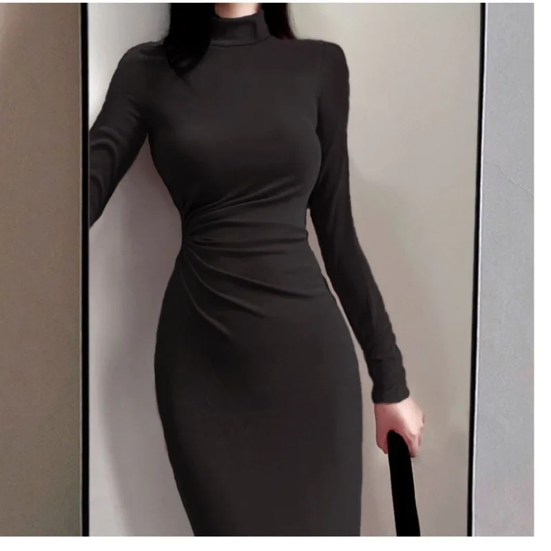 

Women's 2024 Spring Autumn New Sexy Fashion Skinny High Neck Solid Color Patchwork Long Sleeved Ruched Wrapped Hip Bottom Dress