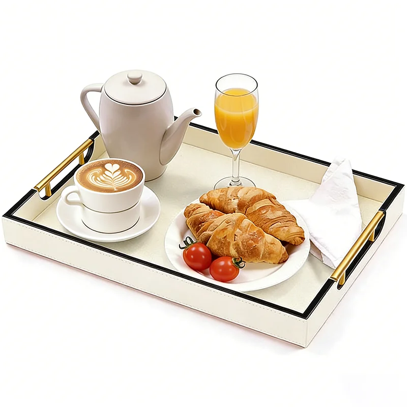 

Прямоугольный декоративный поднос из кремовой кожи и дерева с золотыми металлическими ручками, для дома, ванной комнаты, кофейного столика, туалетного столика, для хранения