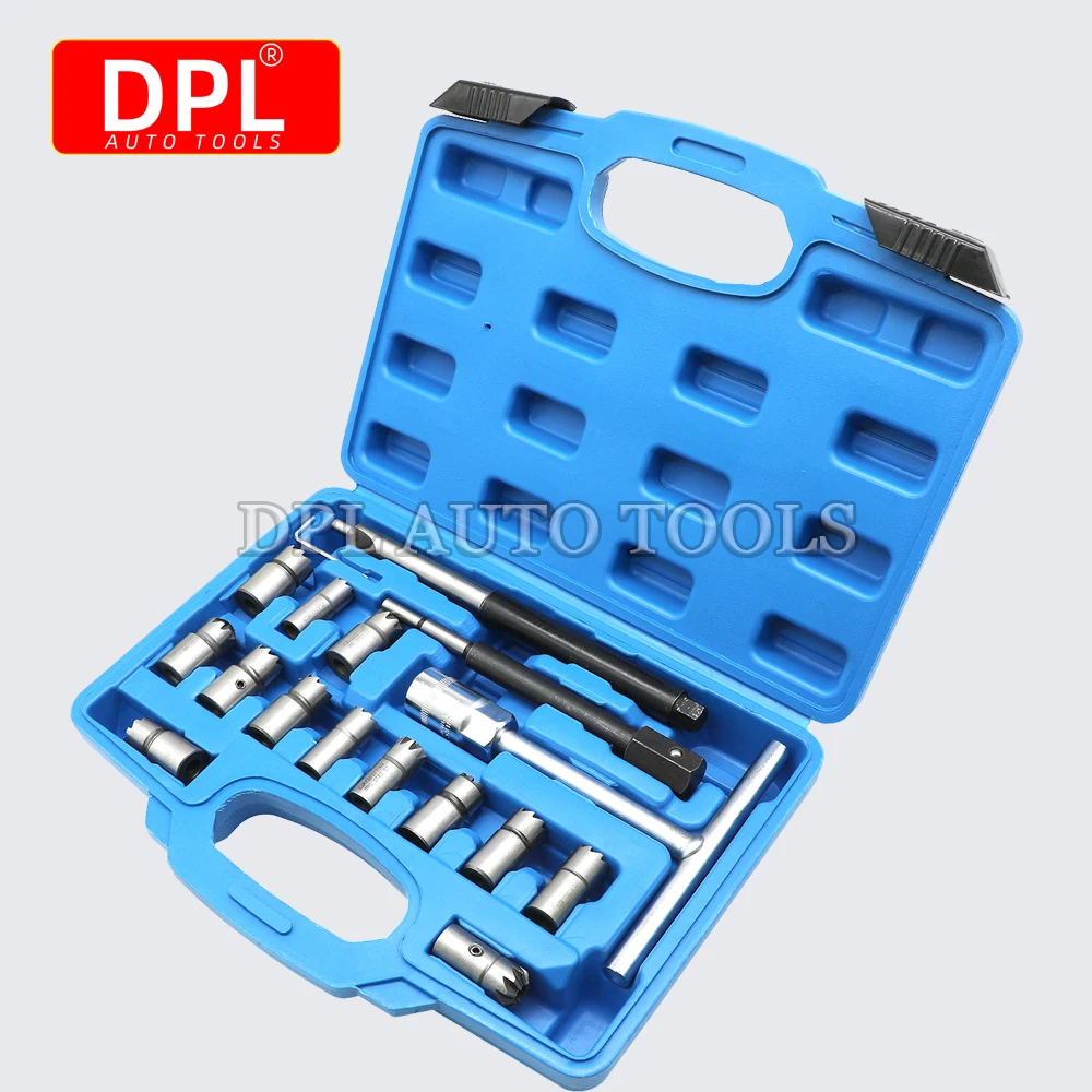 Injector Remover 17Pcs Diesel Injector Seat & Cleaner Carbon Remover Seat Tools Cutter Milling Cutter Set Universal Car Tool Kit