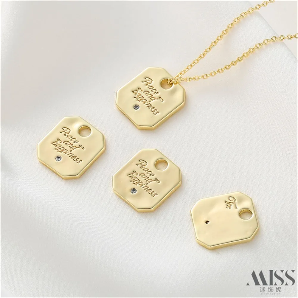 18K Light Gold Square Pendant Lettering Mother Inlaid Zircon Tag Light Luxury European American Style DIY Bracelet Necklace Acce