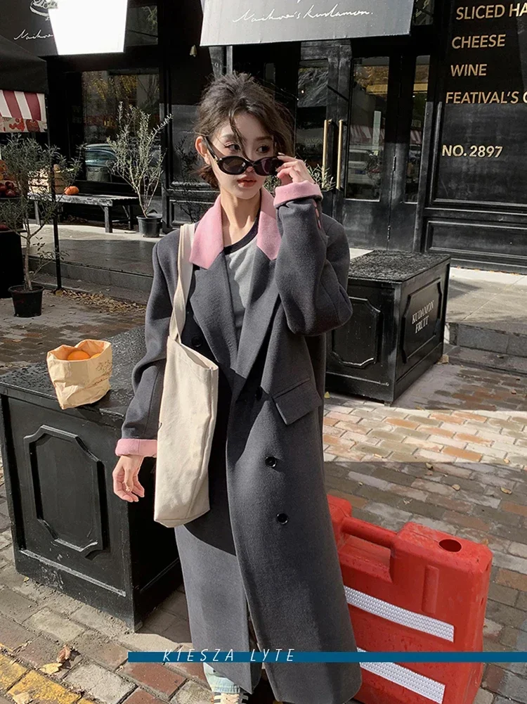 Fashion Luxurious Design Woolen Thickening Coat with Contrast Collar for Women 2024 New Arrival Warm Dark Grey Office Wool Coats