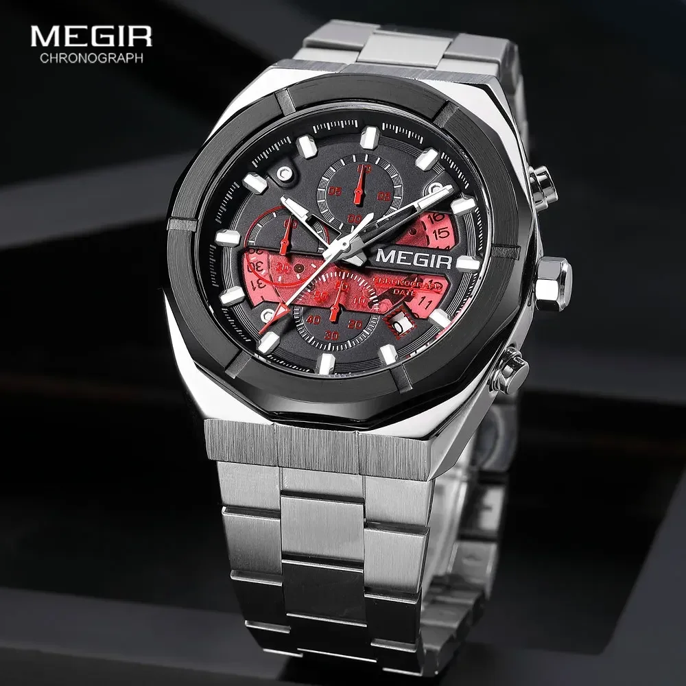 MEGIR Silver Quartz Watch for Men Fashion Military Sport Dress Wristwatch with Chronograph Stainless Steel Strap Auto Date 2225