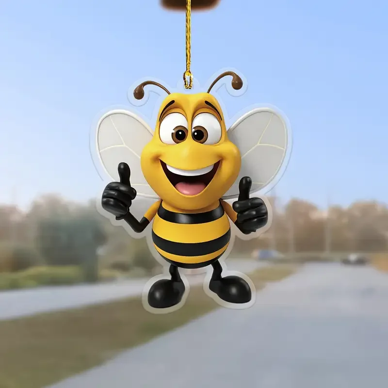 Cute Bee Print 2D Flat Acrylic Pendant Car Rear View Mirror Decorative Pendant Bag And Key Chain Accessories