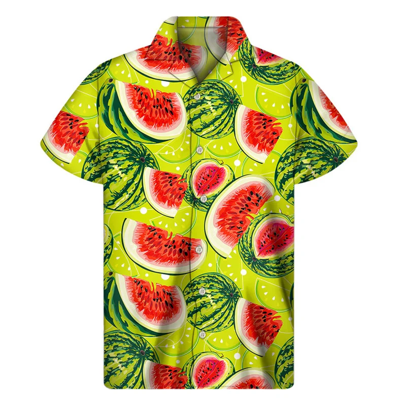 2024 Colorful Watermelon Graphic Hawaiian Shirt Summer Tops Short Sleeves 3d Printed Fruit Button Shirt Men Clothes Lapel Blouse