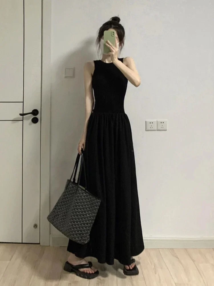 Sukienka maxi damska letnia streetwear tunika vestidos elegancka uniwersalna linia A kobieca temperament harajuku jednolity kolor miękka vintage