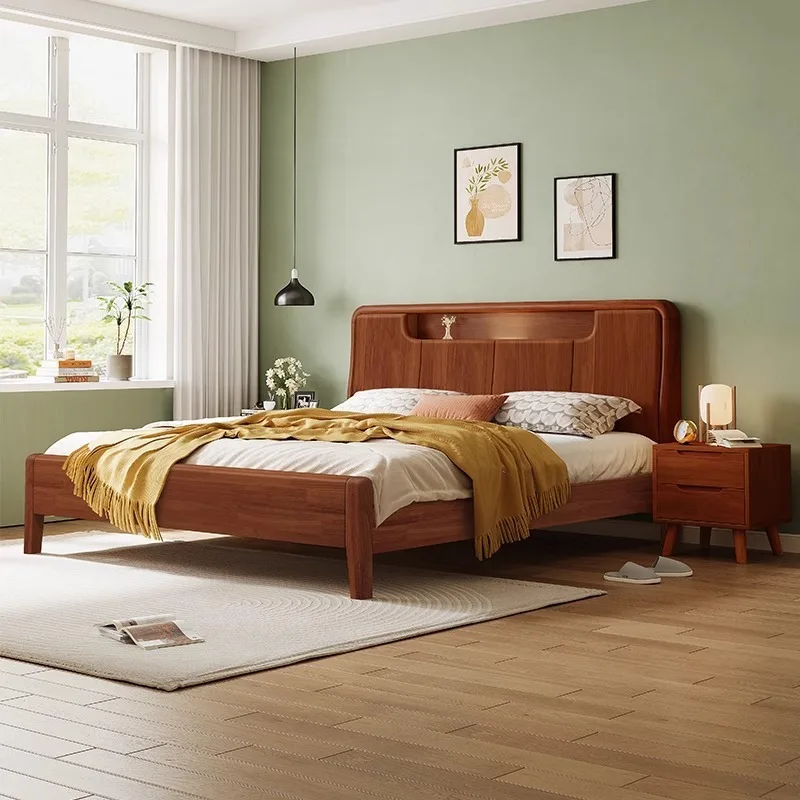 เตียงไม้เนื้อแข็งสไตล์นอร์ดิกเรียบง่าย เตียงนอนหลังใหญ่พร้อมที่เก็บของแบบกล่องสูง ขนาด 1.8 เมตร เตียงคู่ เหมาะสำหรับบ้านพักและที่พักแบบเบดแอนด์เบรคฟาสต์