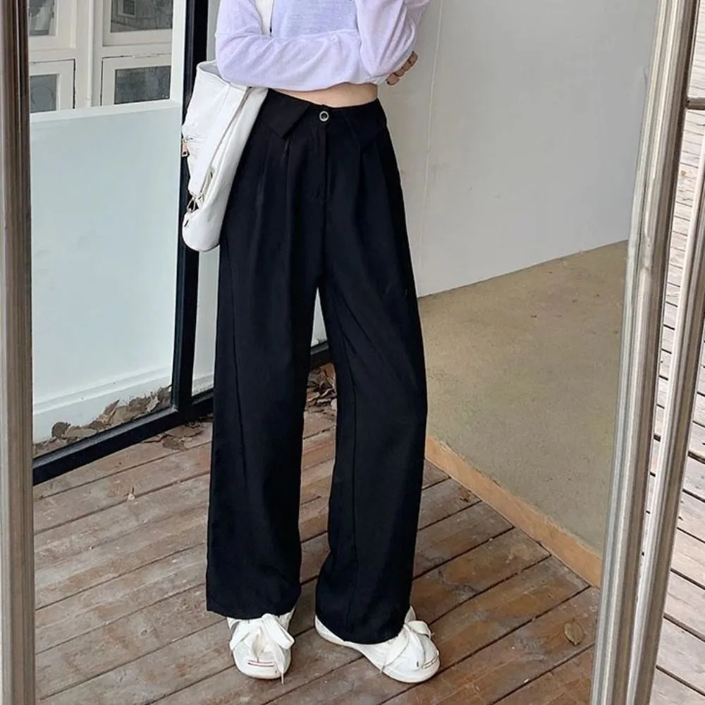 

Soft Loose Straight Leg Pants Workout Trousers Autumn Casual Pants Women High Waist Drape Feeling Flip Up Suit Pants Female