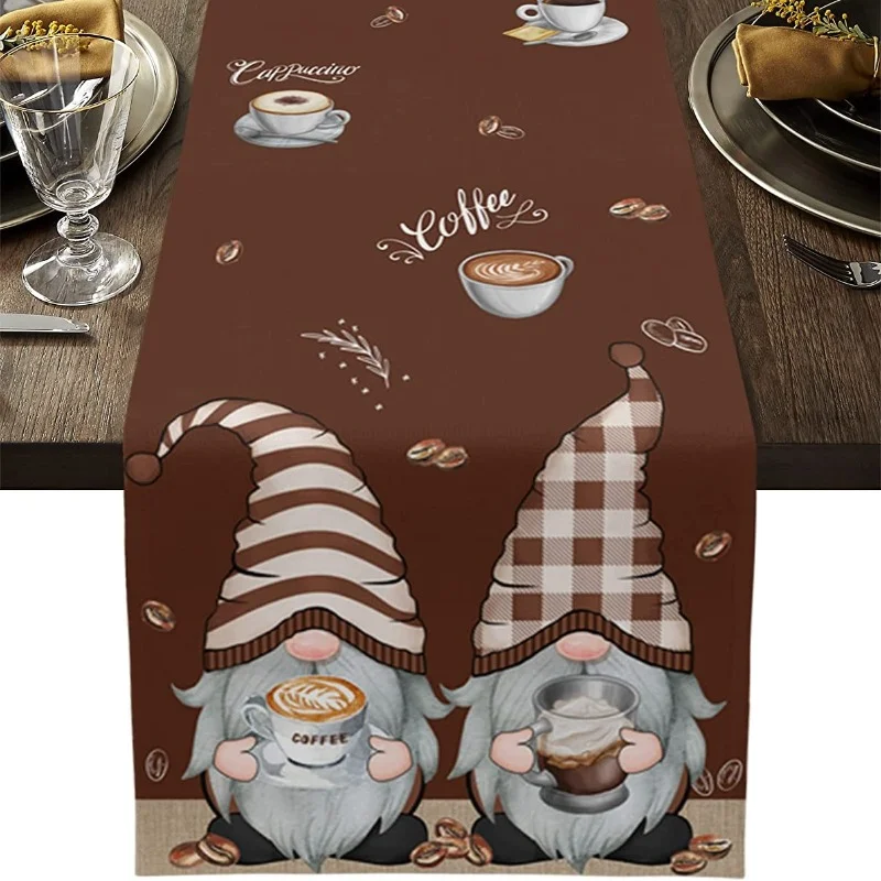 Brown Table Runner Dresser Scarf, Cute Gnome Coffee Bean Linen Table Runner for Kitchen Dining Room Coffee Table Decoration