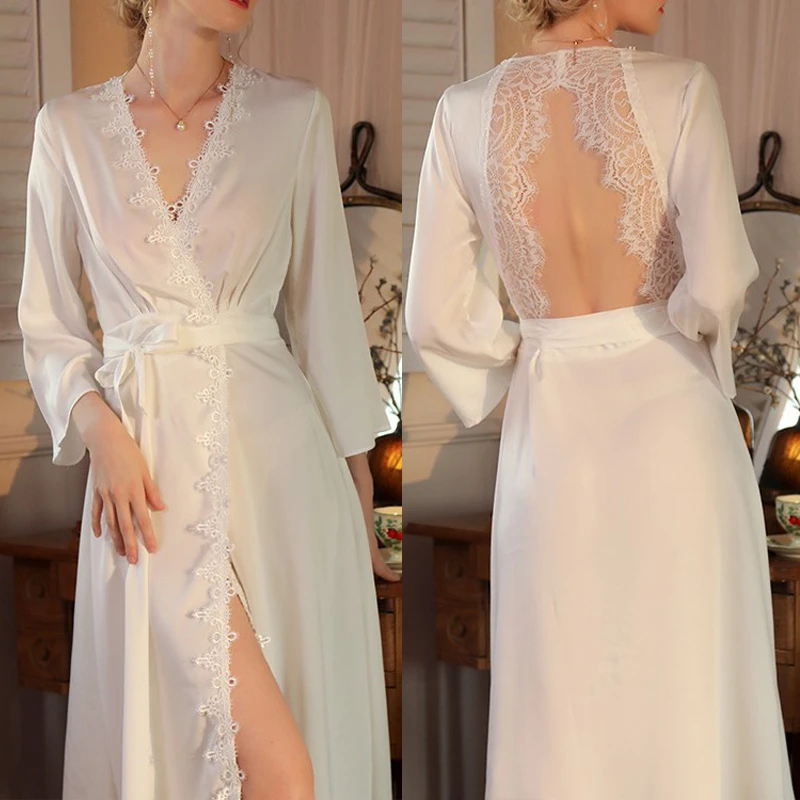 

Сексуальный свадебный кружевной халат с открытой спиной, длинная ночная рубашка, женский домашний халат из вискозы, пижама, подарок на свадьбу, свадебные платья