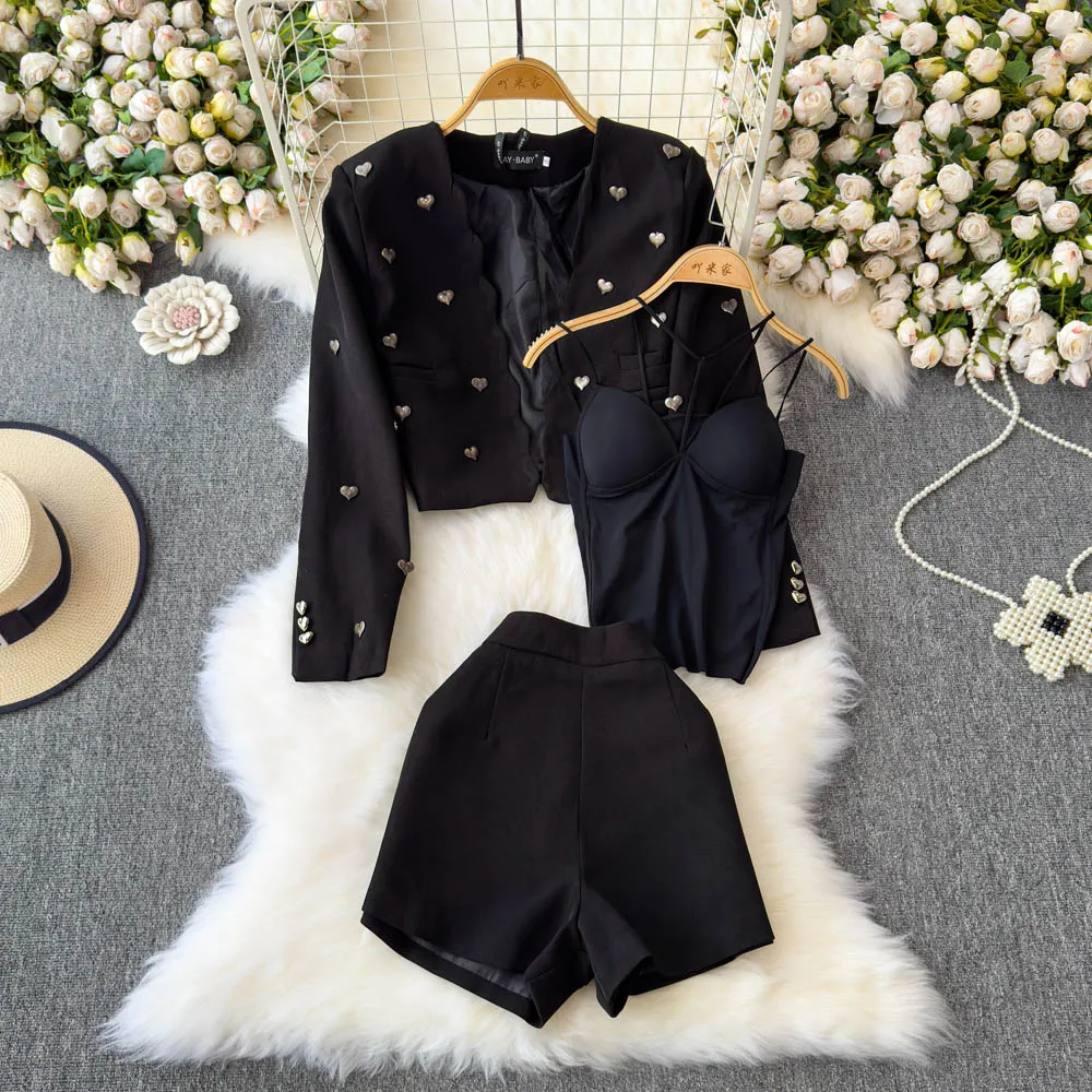 

Женский черный комплект из 3 предметов, костюм, блейзер, майки, шорты, женские элегантные летние вечерние комплекты с сердечками, корейские офисные женские модные модные комплекты