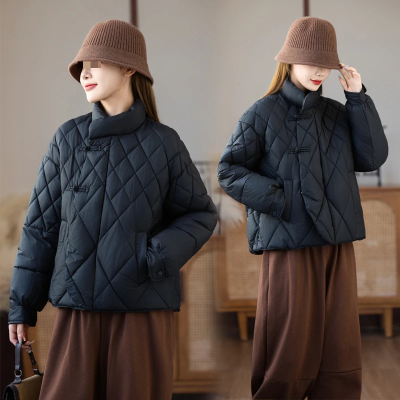 Parka rembourrée en coton épais et chaud pour femme, couleur unie, coupe ample, matelassée en diamant, Style chinois Vintage, pour l'hiver, nouvelle collection 2025