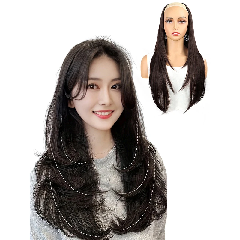 22 Inch Long Straight Clip-in Hair Extensions Gorgeous Fluffy Layer Wigs for Women Synthetic U Part Hairpiece Party Daily Use