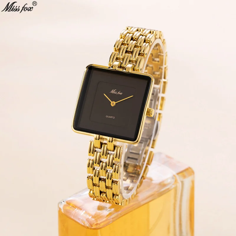 Official brand of free shipping Top-Selling Product Fashion Simple Golden Black Square Quartz CoupleExquisite women's watch