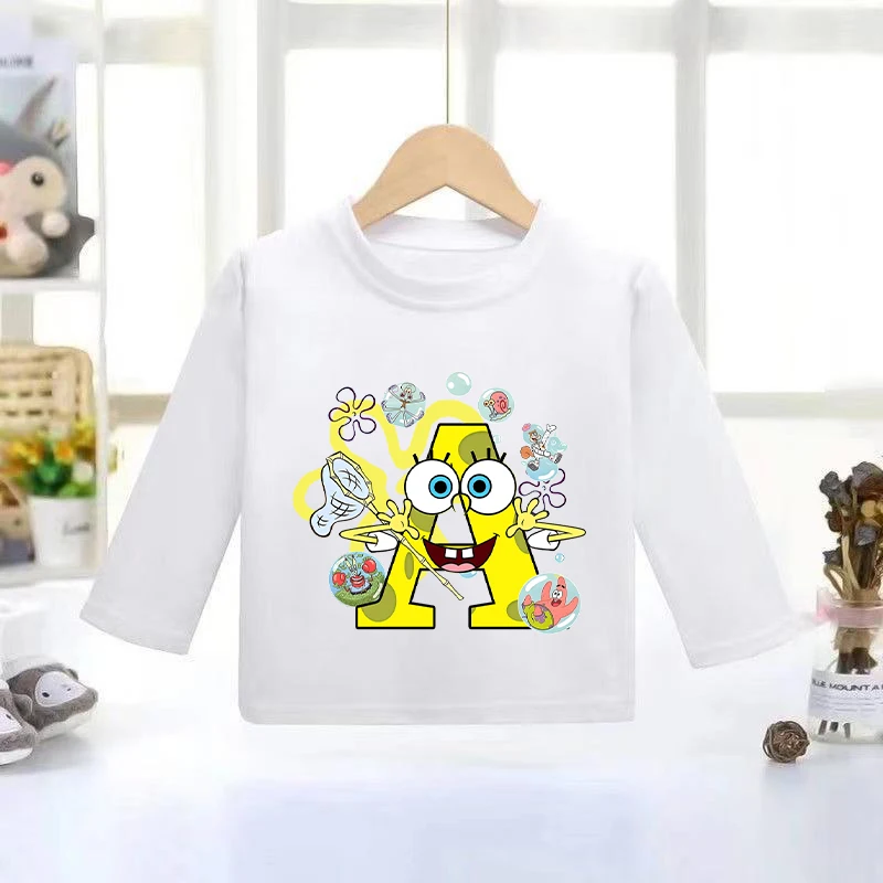 Fashion Sponge-Boby Square Pants T-shirt Letter A-Z Printed Long Sleeve Top Summer Clothes Cute Cartoon Tee Birthday Gift Shirts