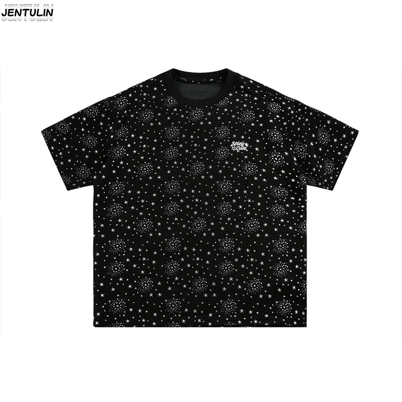 

Starry Embroidered Short Sleeved T-shirt For Men Niche Design Loose Y2k Casual Round Neck Half Sleeved T-shirt Men Street Trend