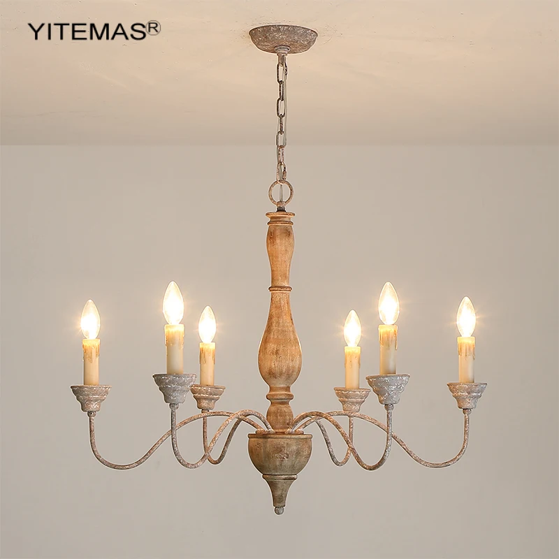 Wood Chandelier For Dining Room Vintage Hanging Lighting 6 Lights Bedroom Chandelier Kitchen Pendant Lamp For Farmhouse Nursery