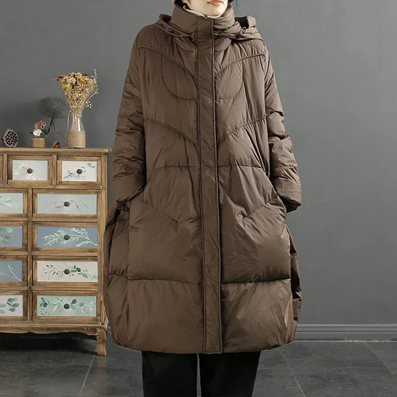 New Women Down Jacket Casual Loose Over Size Autumn Winter Long Outwear with Hood Warm White Duck Down Thick Coat 2024 New