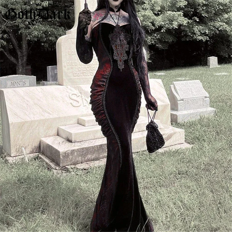 

2025halloween Goth Dark-Robe Sirène Moulante à Col Licou pour Femme, Corset en Maille, Maxi, Gothique Plissé, Batterie, Robe